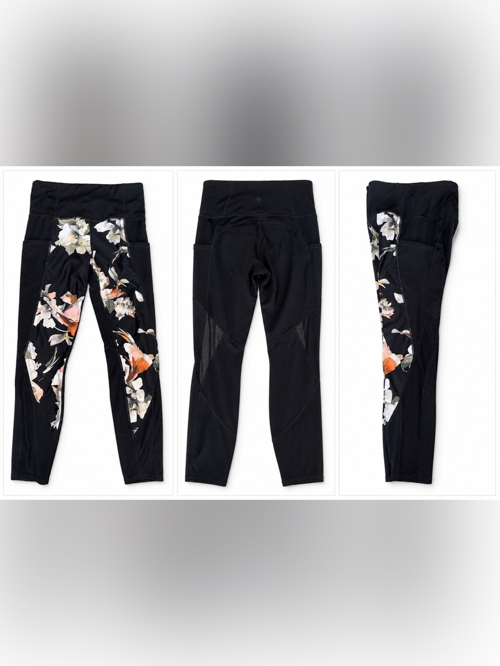 Athleta Floral Print Cropped Leggings Mesh Panels Pockets Size Medium